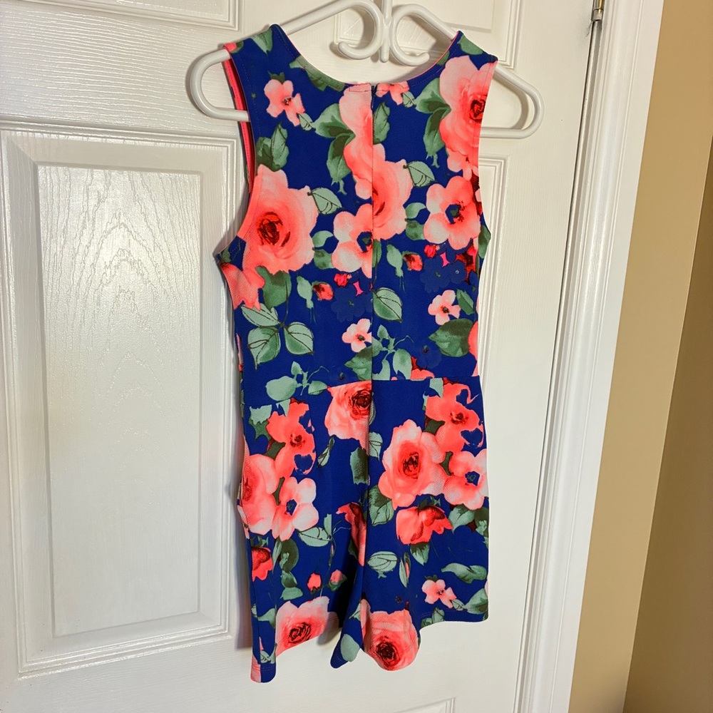 UK2LA Blue & Pink Floral Romper Resort Coastal Pockets Womenâs Size Large - Picture 4 of 8